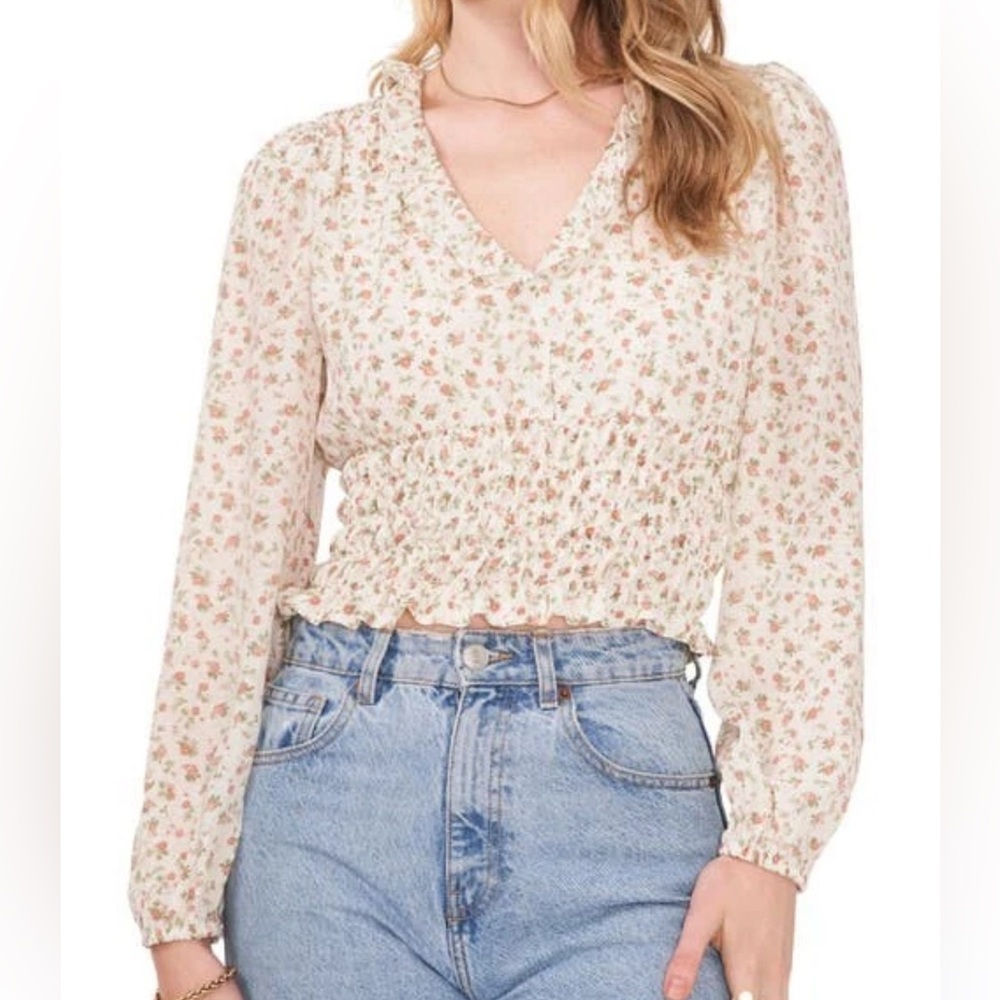 1 STATE Floral Smocked Waist Top Women 3x Soft Rosette Multi V-Neck Long Sleeve